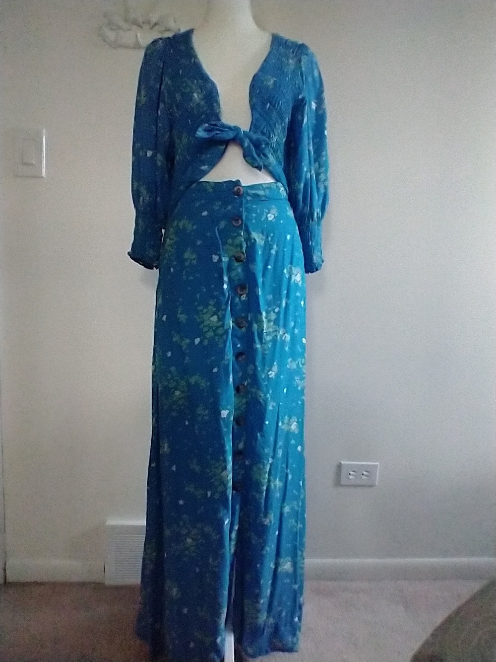 Free People Teal Floral Button-Front Maxi Dress S